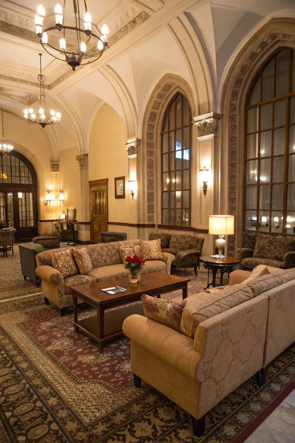 Comfortable seating arrangements imbue warmth into expansive spaces.
