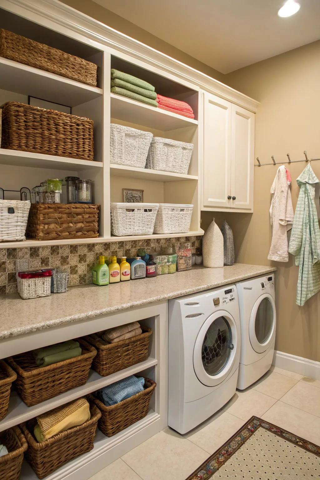 Baskets maintain tidy and charming laundry spaces.
