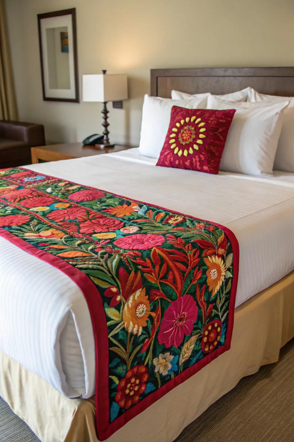 A bed scarf introduces sophistication and a burst of hue.