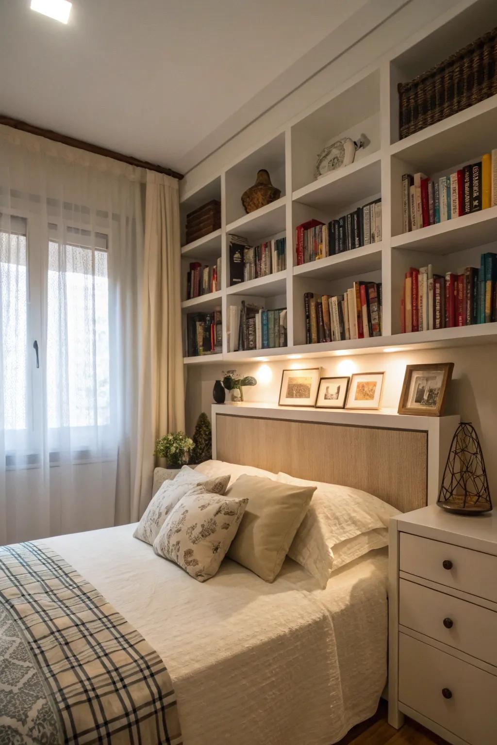 Headboard with shelves providing extra storage.