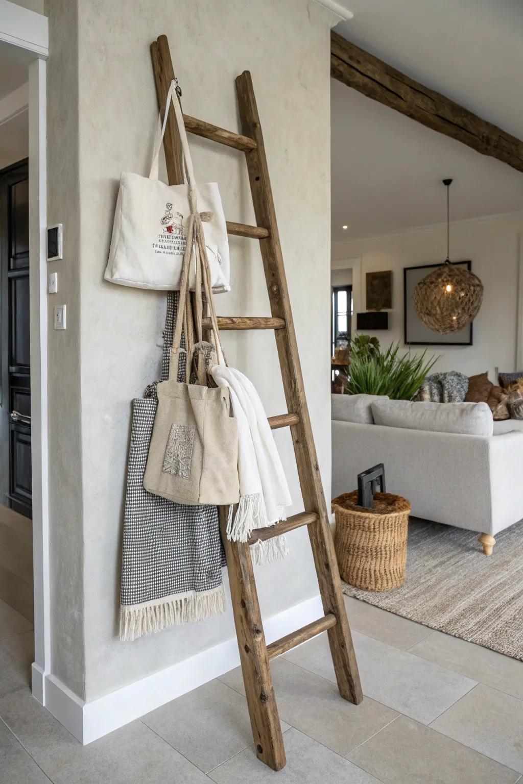 A ladder adds rustic charm to bag storage.