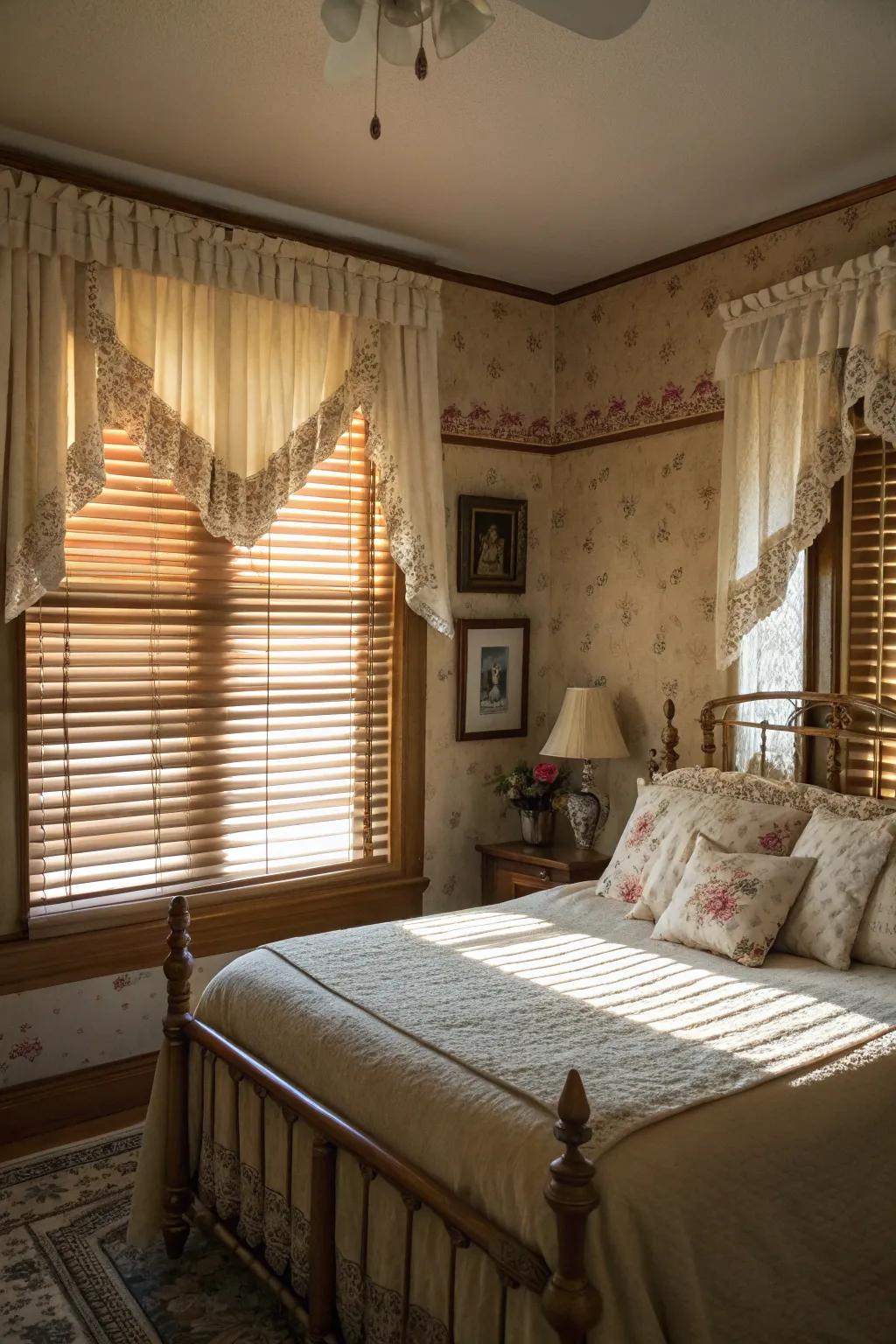 Ruffled valances bring Victorian charm.