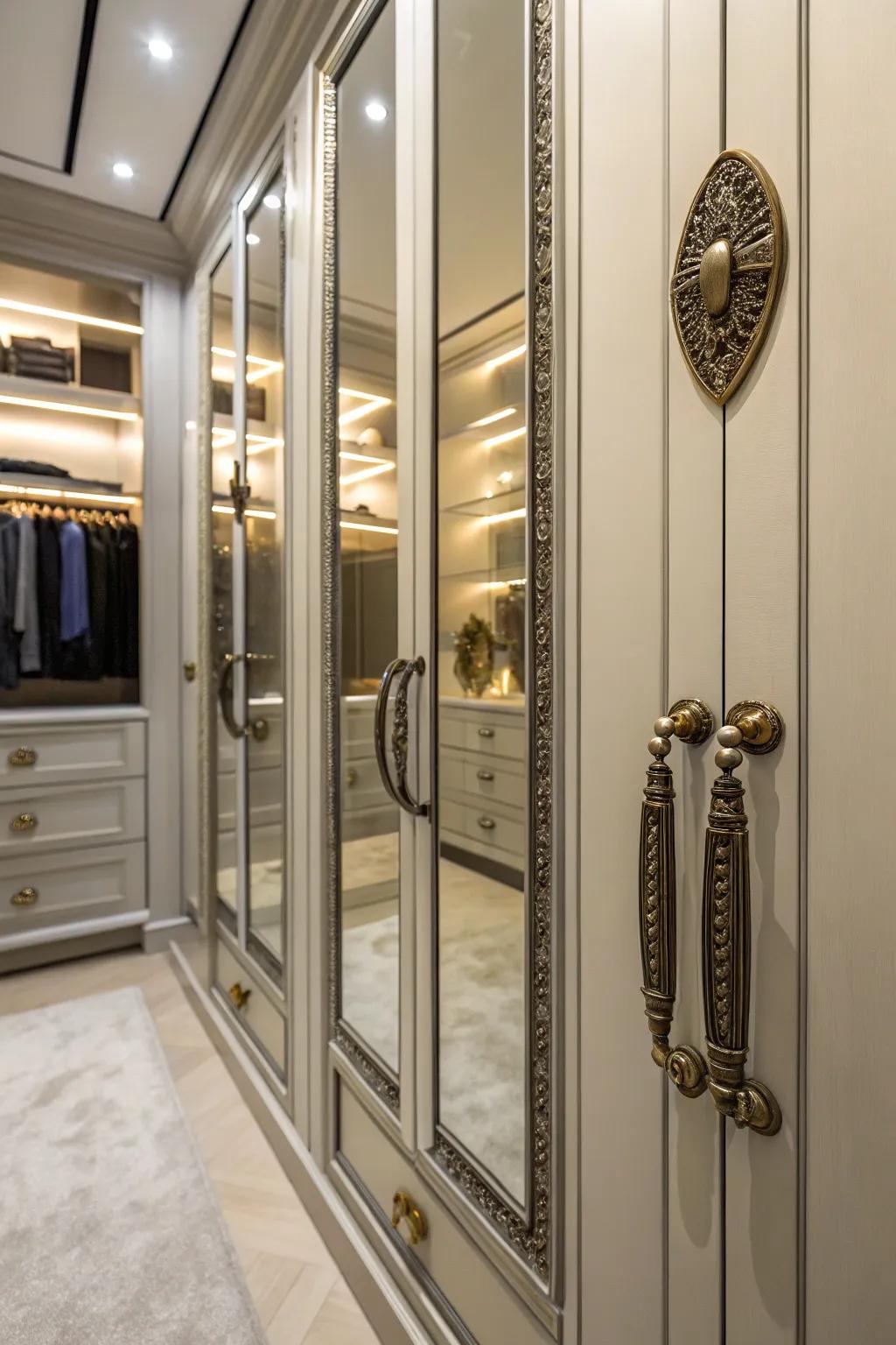 Ornamental elements enrich the visual magnetism of an unusually shaped closet.