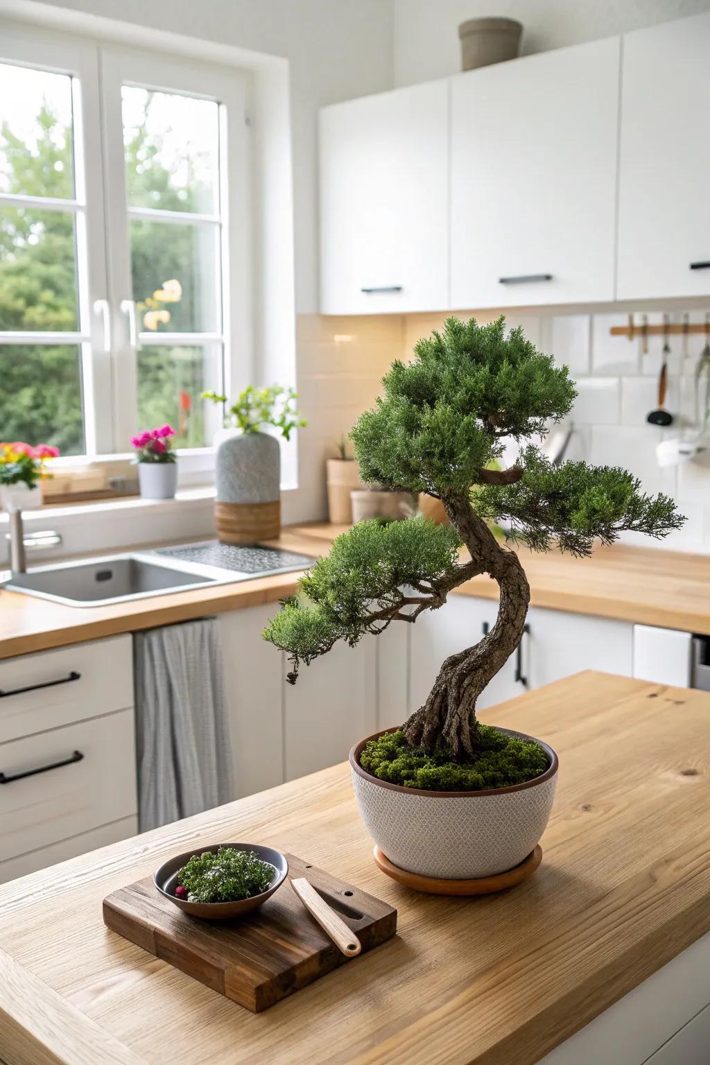 A treble trunk juniper bonsai enhancing complexity to a radiant cooking space.