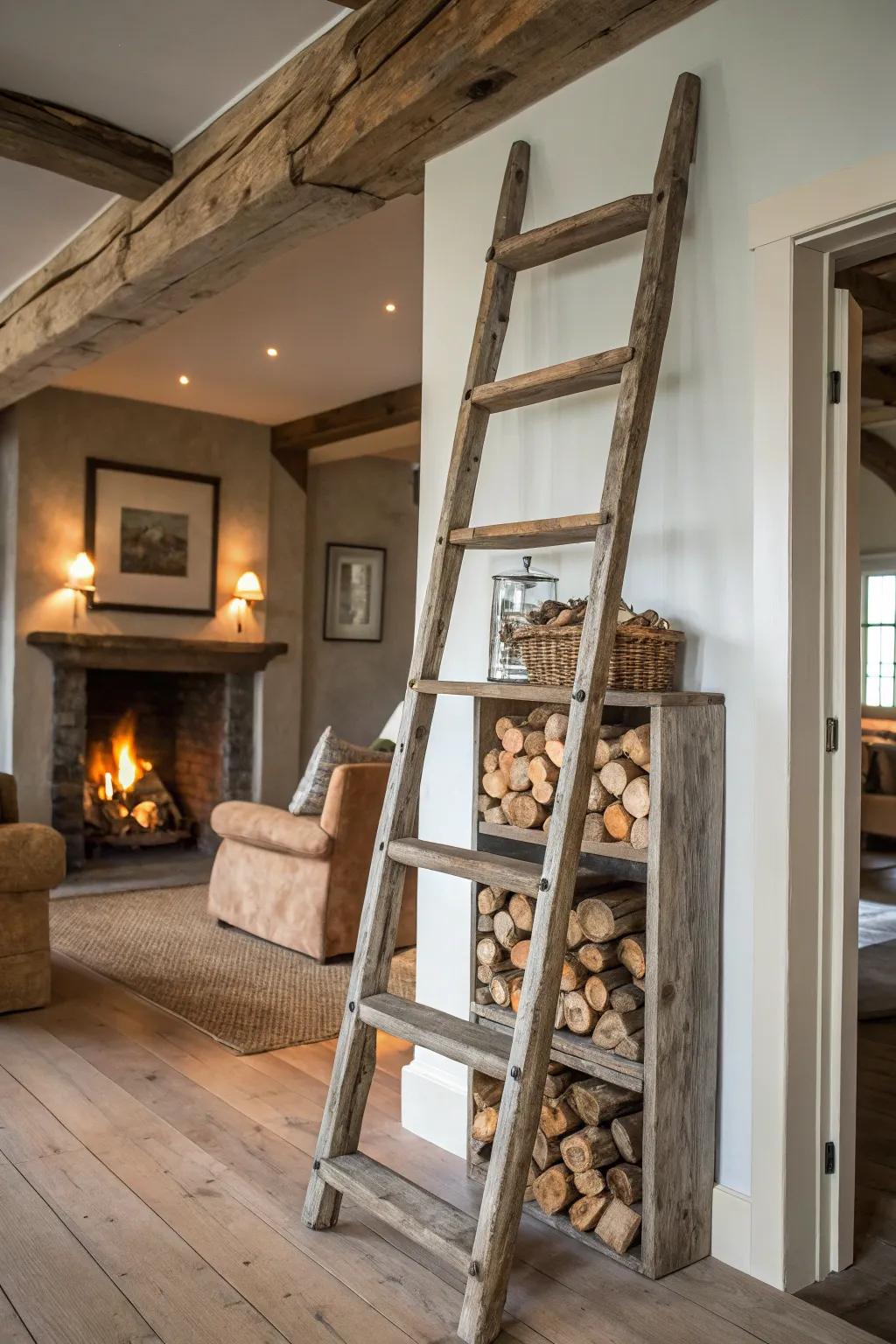 Reclaimed ladder shelves create a charming display for kindling storage.