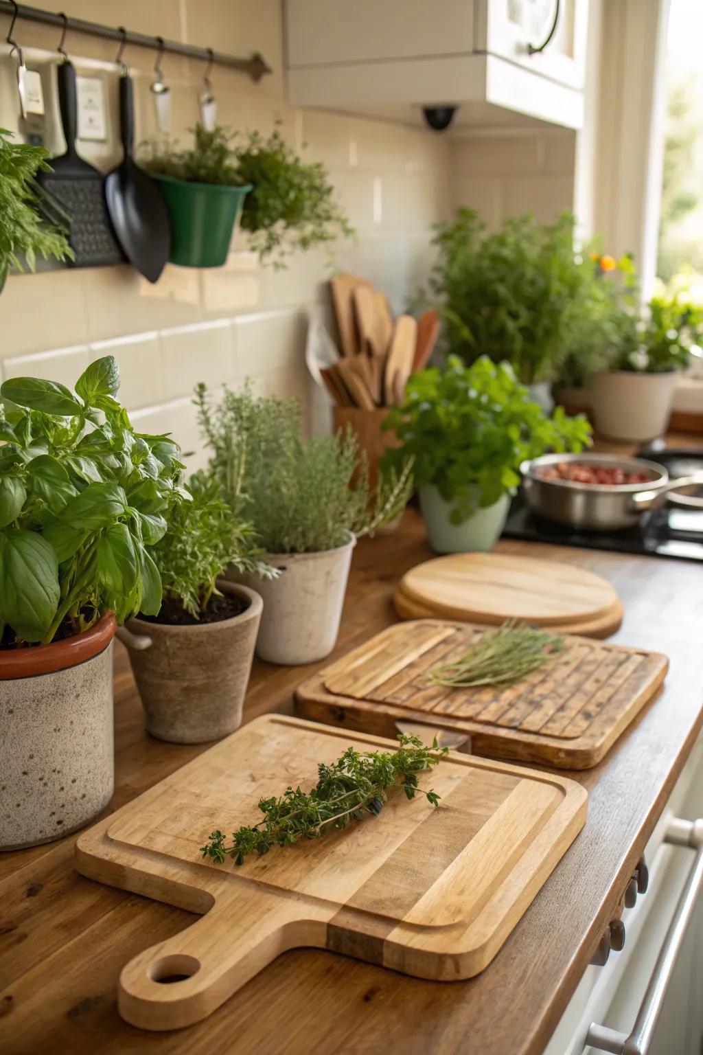 Cutting boards and greenery make for a refreshing and vibrant kitchen display.