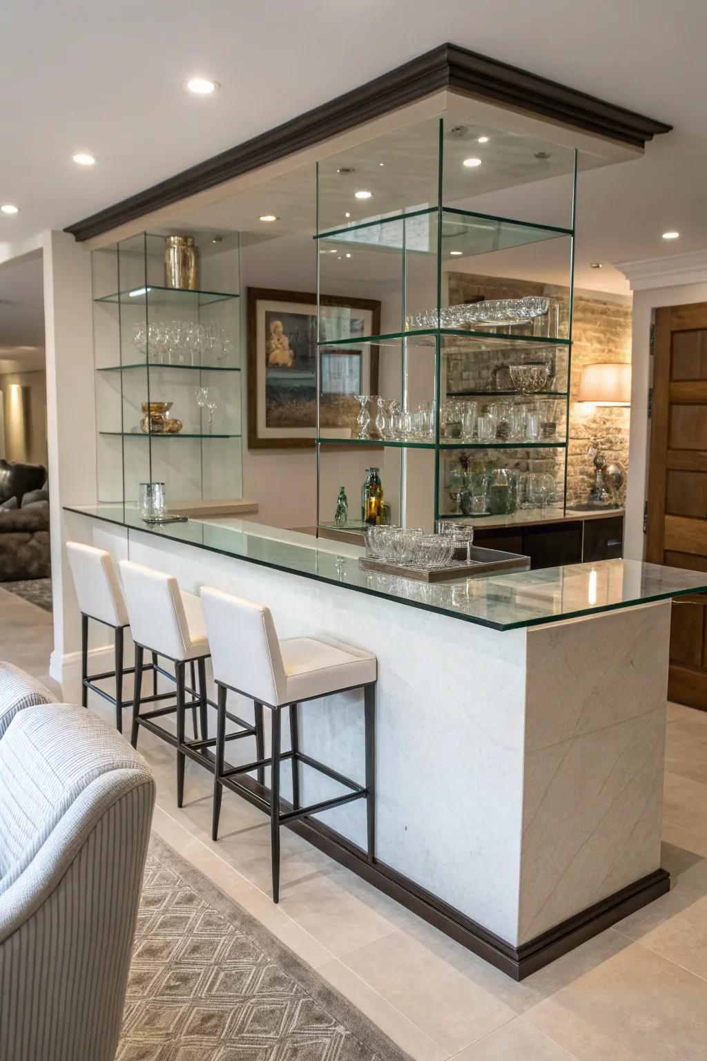 Glass components elevate this bar's contemporary minimalism.