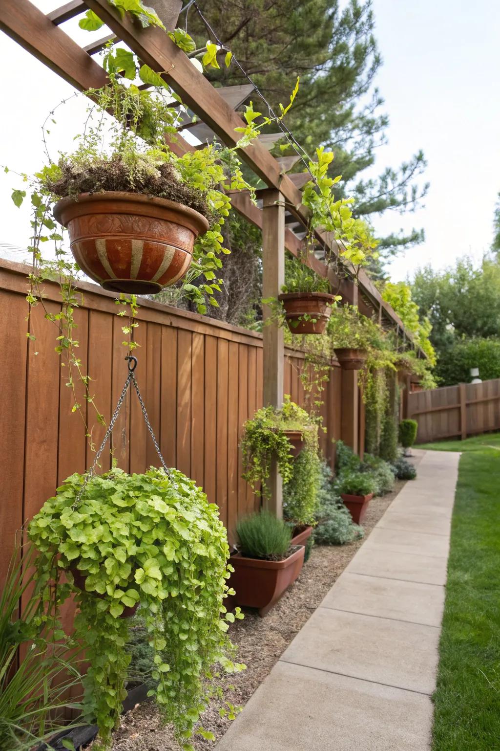 Design a whimsical garden with suspended pots and cascading plants.