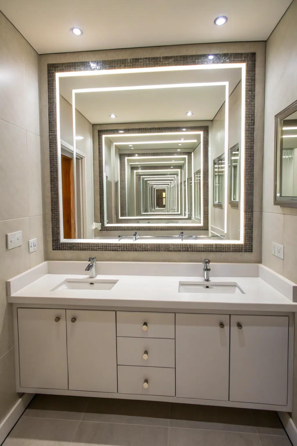 Layering mirrors enhances proportion and visual appeal to bathroom decor.