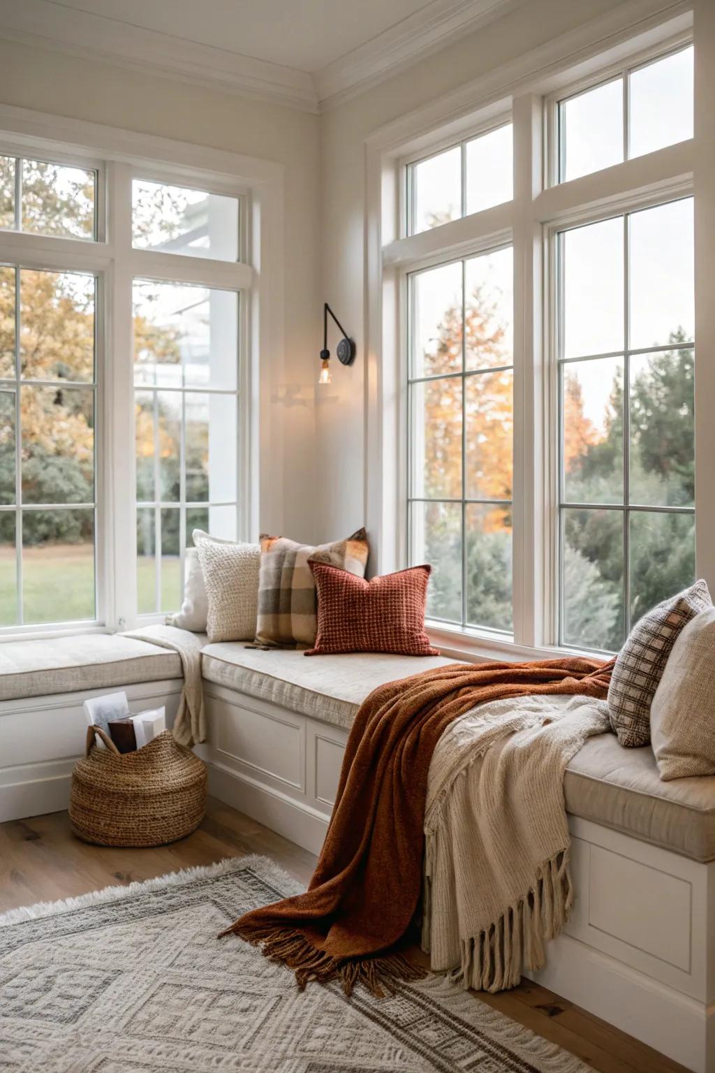 A seating nook turns window areas into cozy retreats.