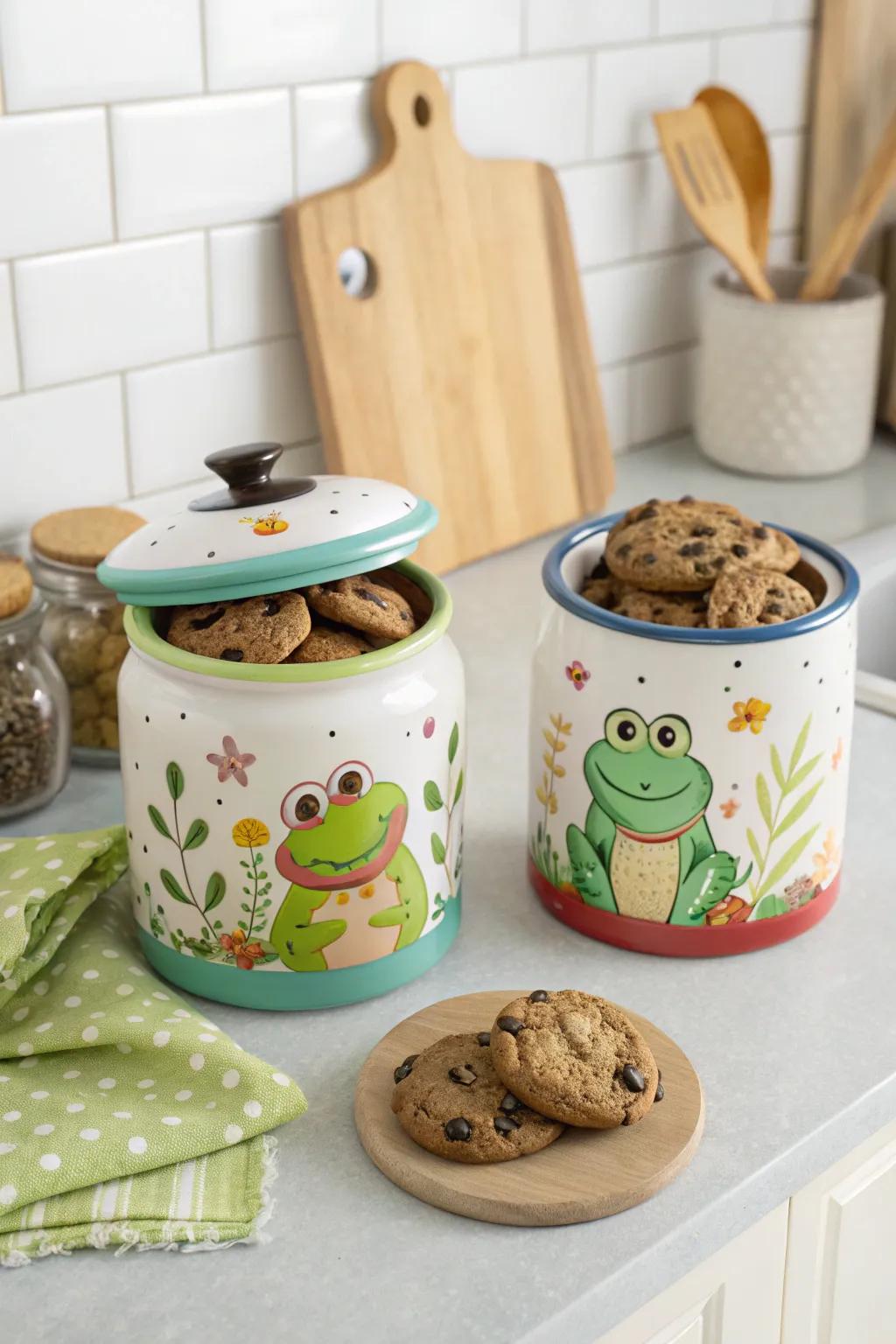Amphibian-themed delicacy repositories store delicacies with flair.