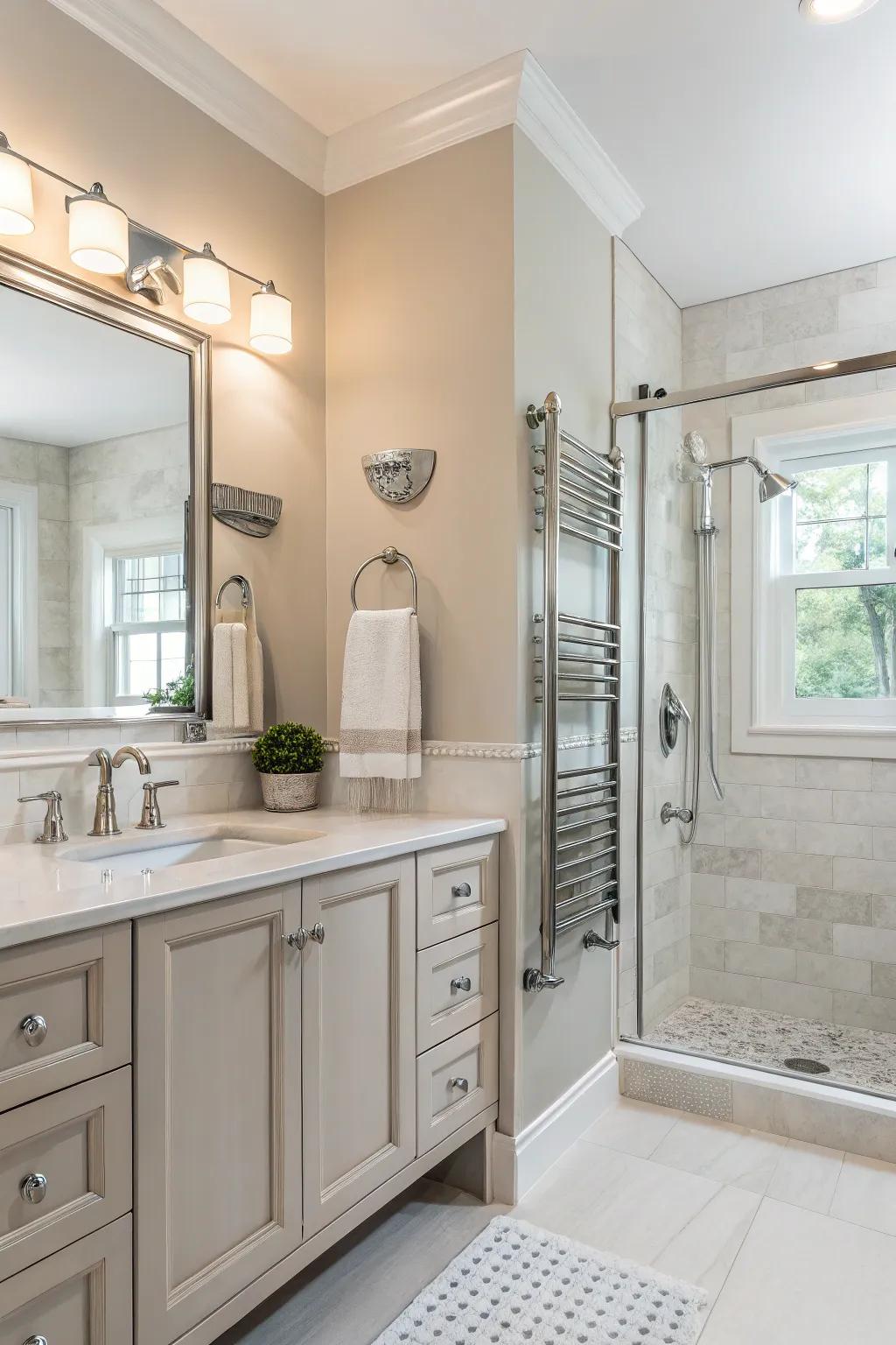 Metallic accents add modernity and sparkle to a light-colored bathroom.