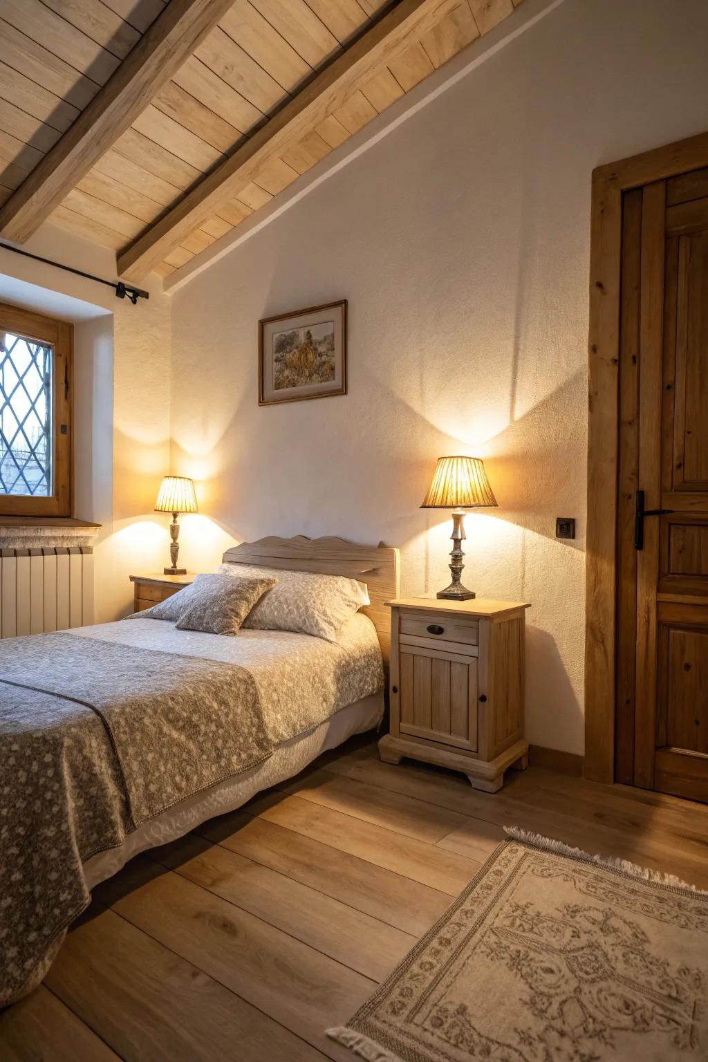 Warm illumination enhancing the coziness of a pale timber floor bedroom.