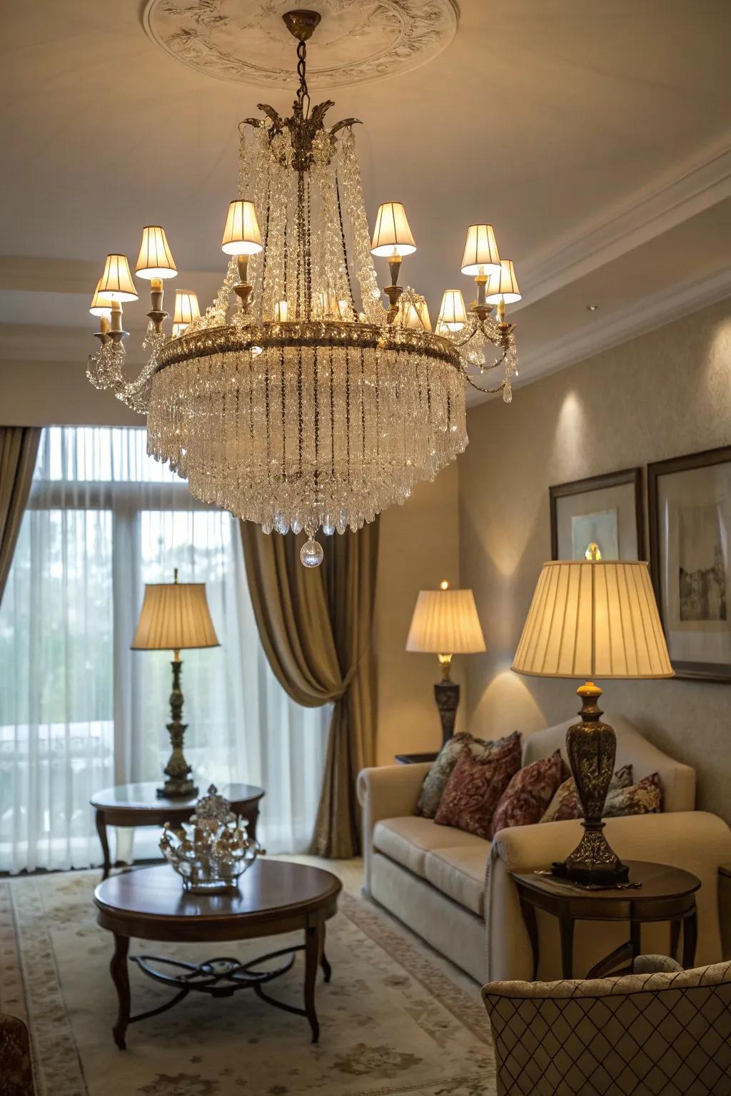 Statement lighting adds elegance and highlights your living room’s design.