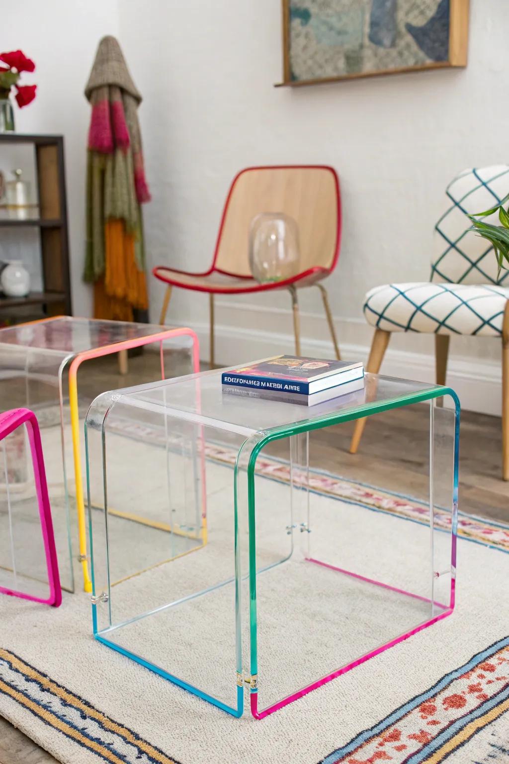 Color-edged lucite pieces offer a playful touch.