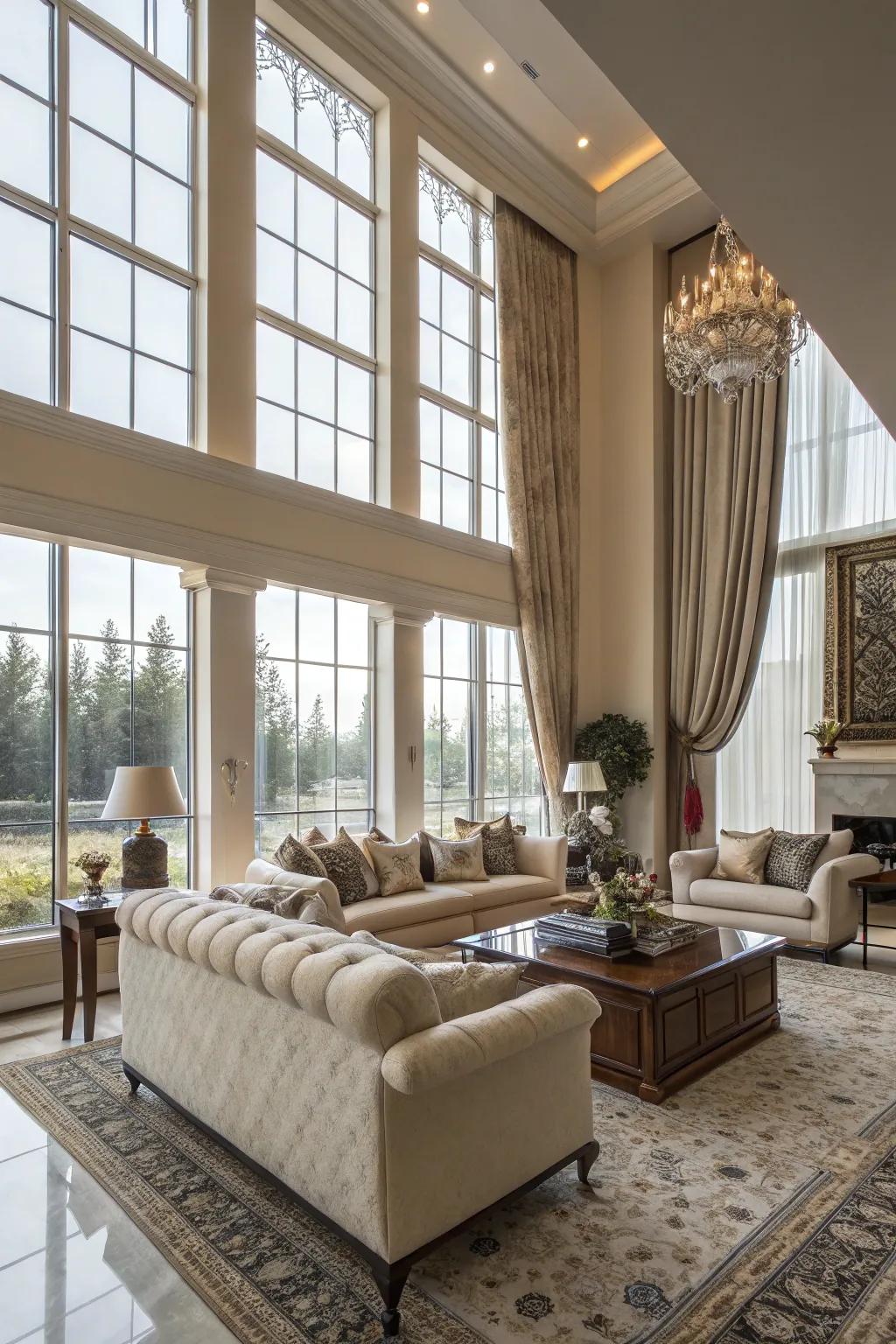 Natural light floods this luxurious living room through large windows.