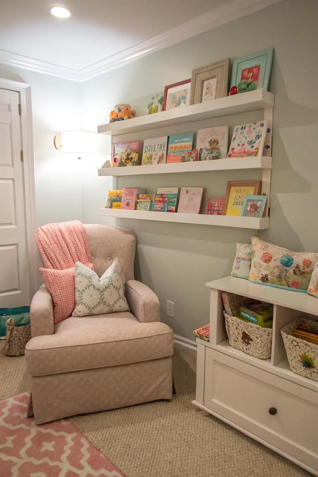 A nursery with custom built-in shelves that add charm and functionality.