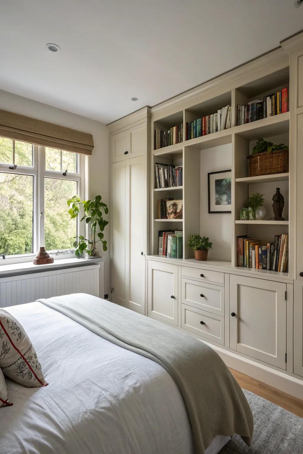 A bedroom with efficient built-in storage solutions.