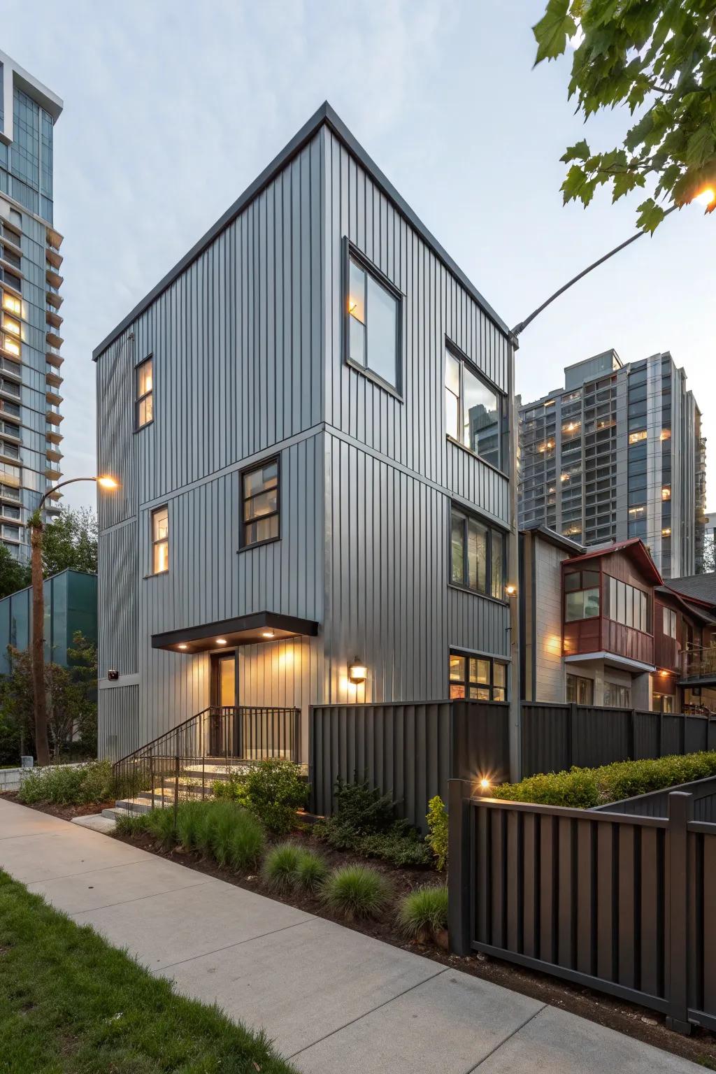 A trendy urban house featuring shaped metal cladding for an industrial chic aesthetic.
