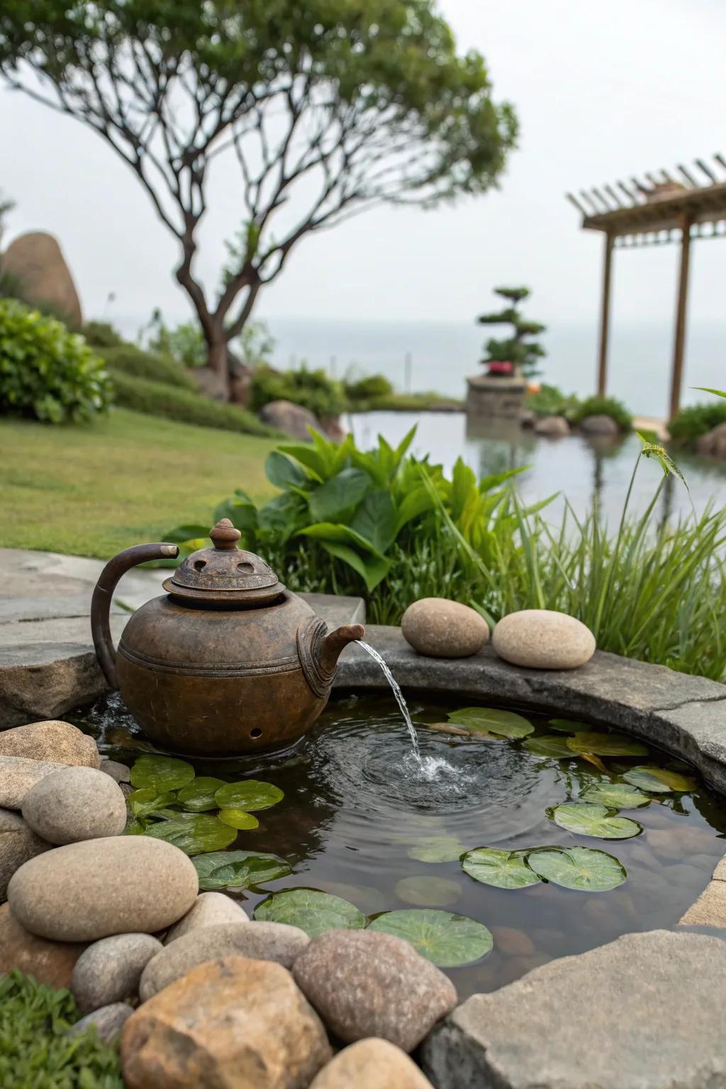 A charming decorative fountain adds whimsy to a mini pond.