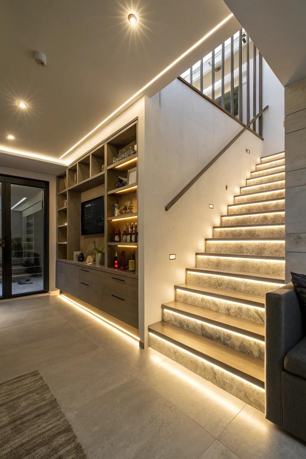 Electric band illumination adds a subtle radiance, highlighting architectural details.