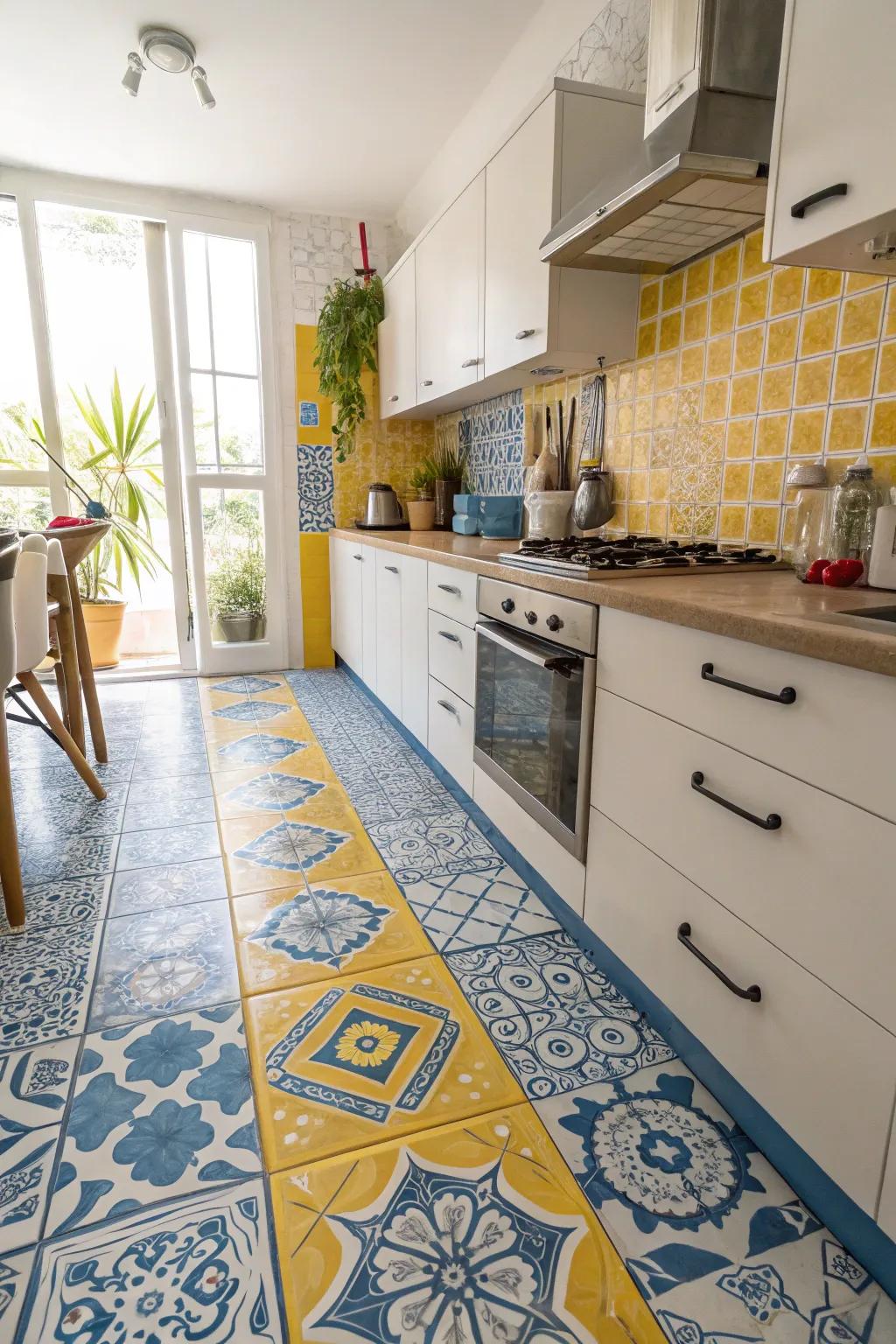 Varied ceramic patterns bring a unique and vibrant energy to this kitchen.