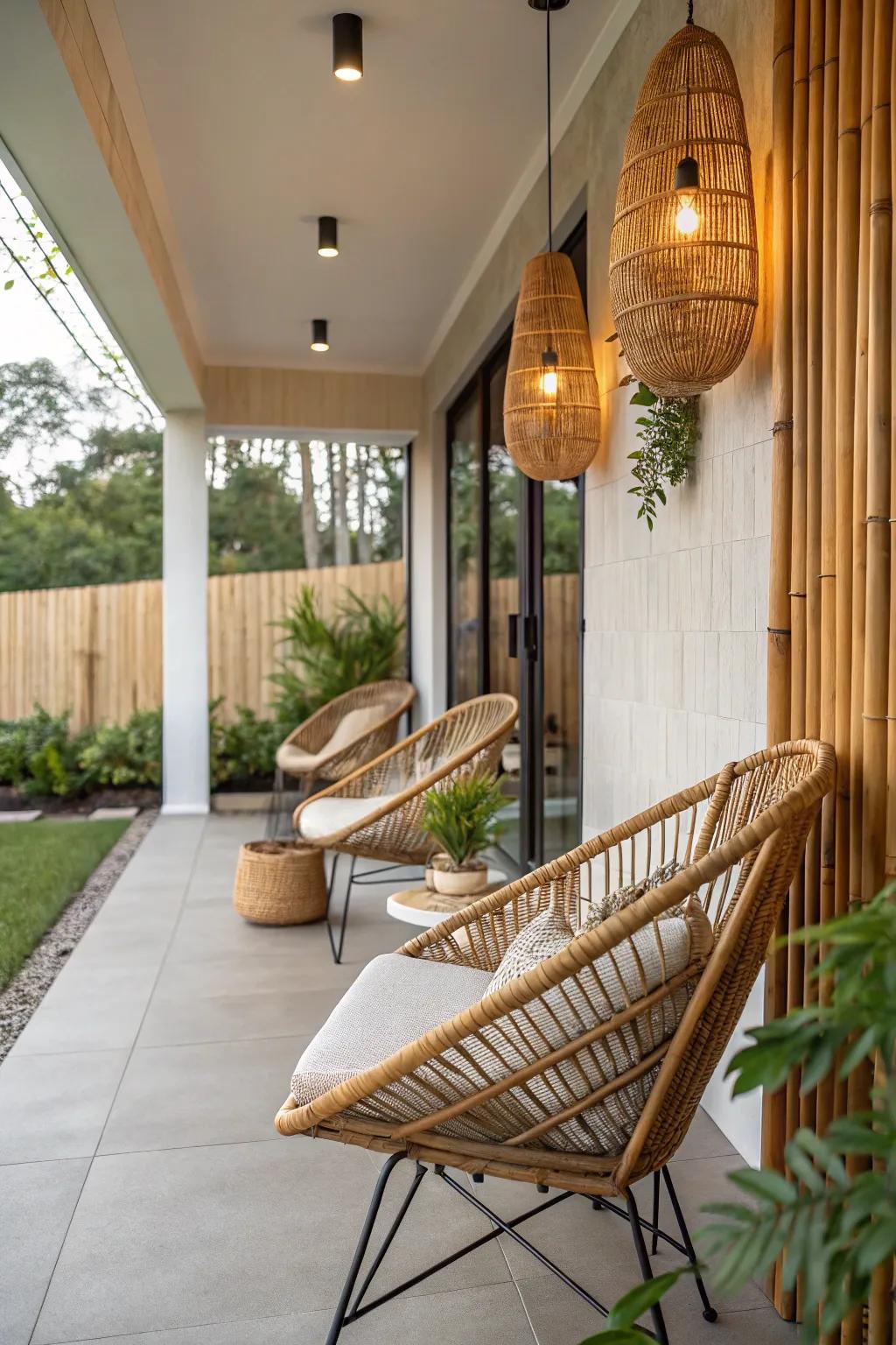 Natural materials add warmth to contemporary porch designs.