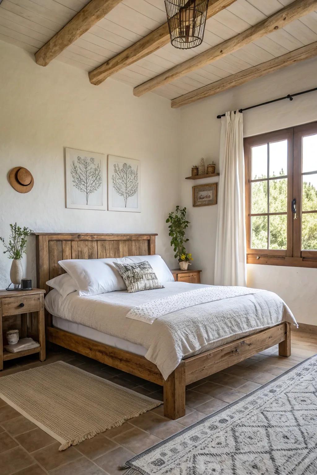 A country-style wooden bed structure functions as an inviting central point in a modern Spanish bedroom.