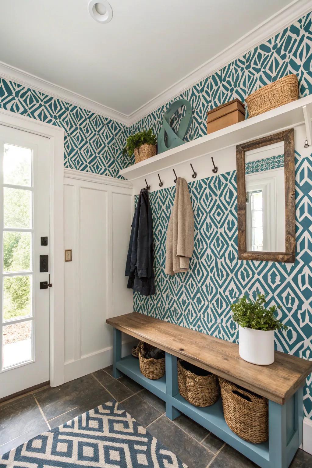 Mudroom showcasing boldly patterned wallcoverings for added visual interest and style.