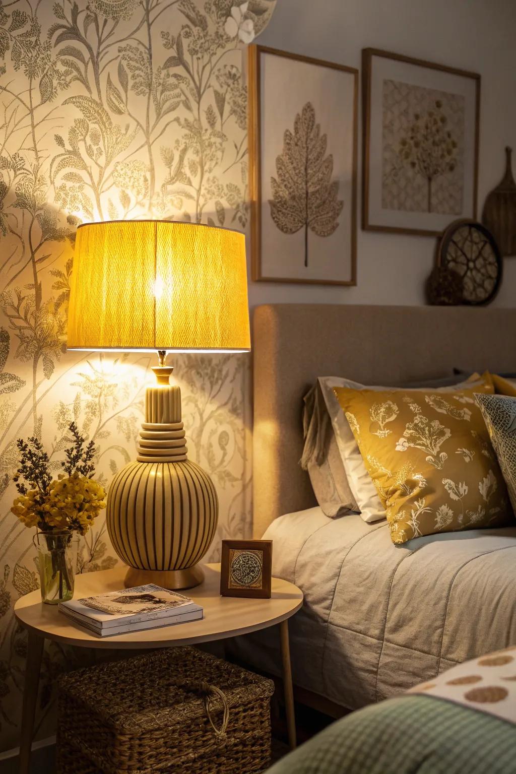 A bedroom with a mustard yellow lamp and ambient lighting.