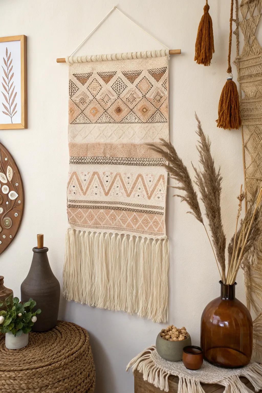 Textile art adds warmth and texture to walls.