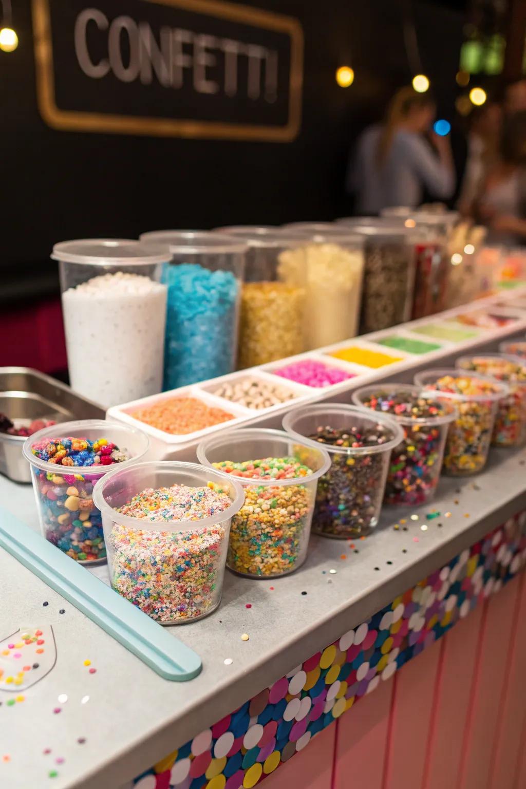 A confetti bar adds a burst of color and fun to the celebration.