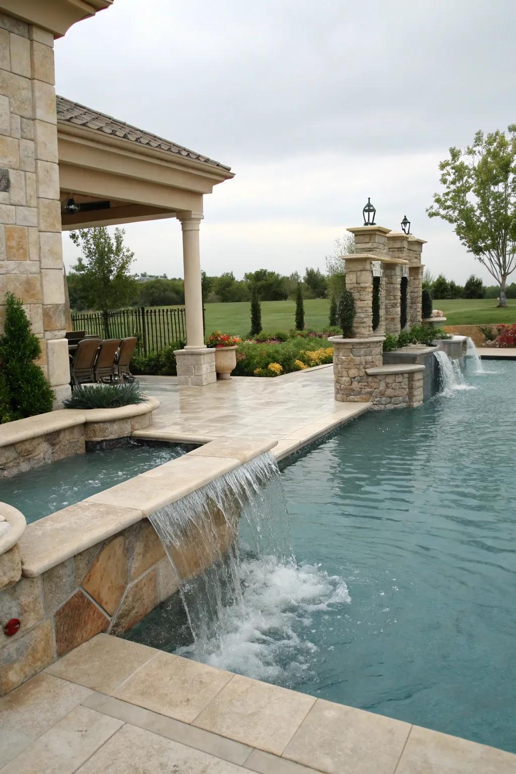 A pool with luxurious finishes, showcasing exquisite tile and stone work.