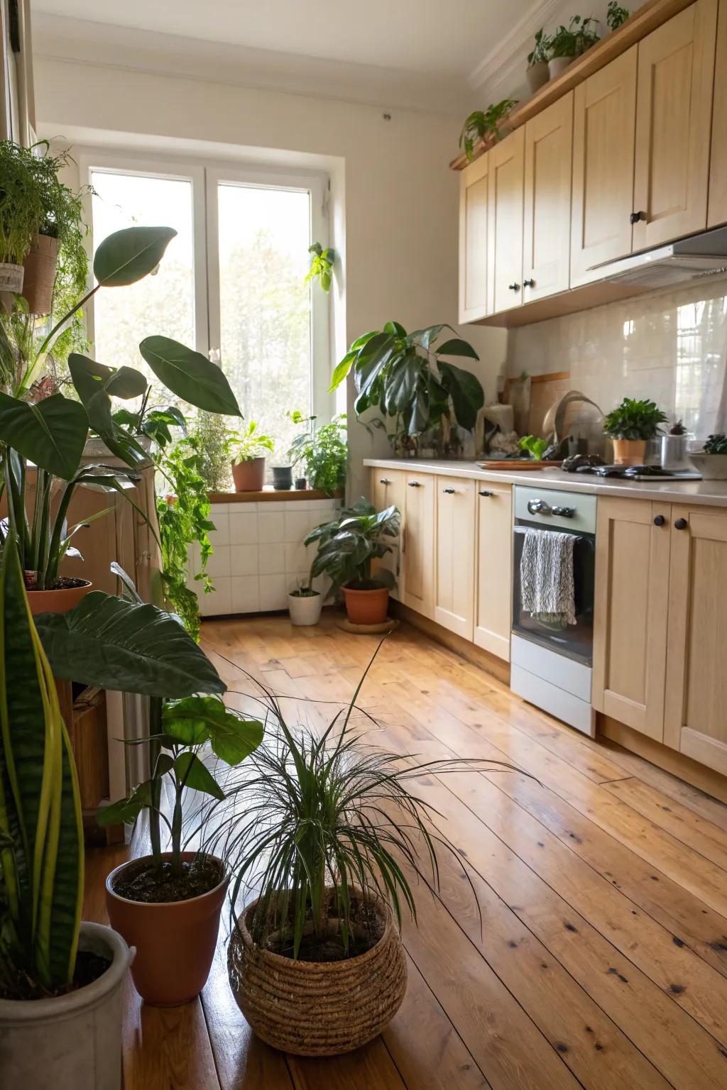 Greenery adding life to oak floor kitchen.