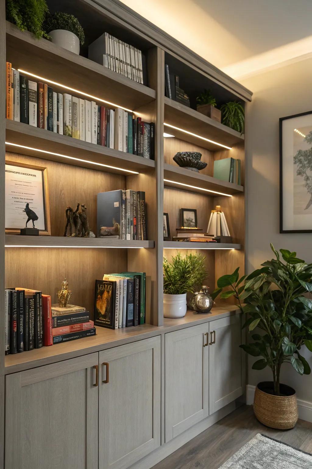 Lighting accents add warmth and focus to bookshelves.