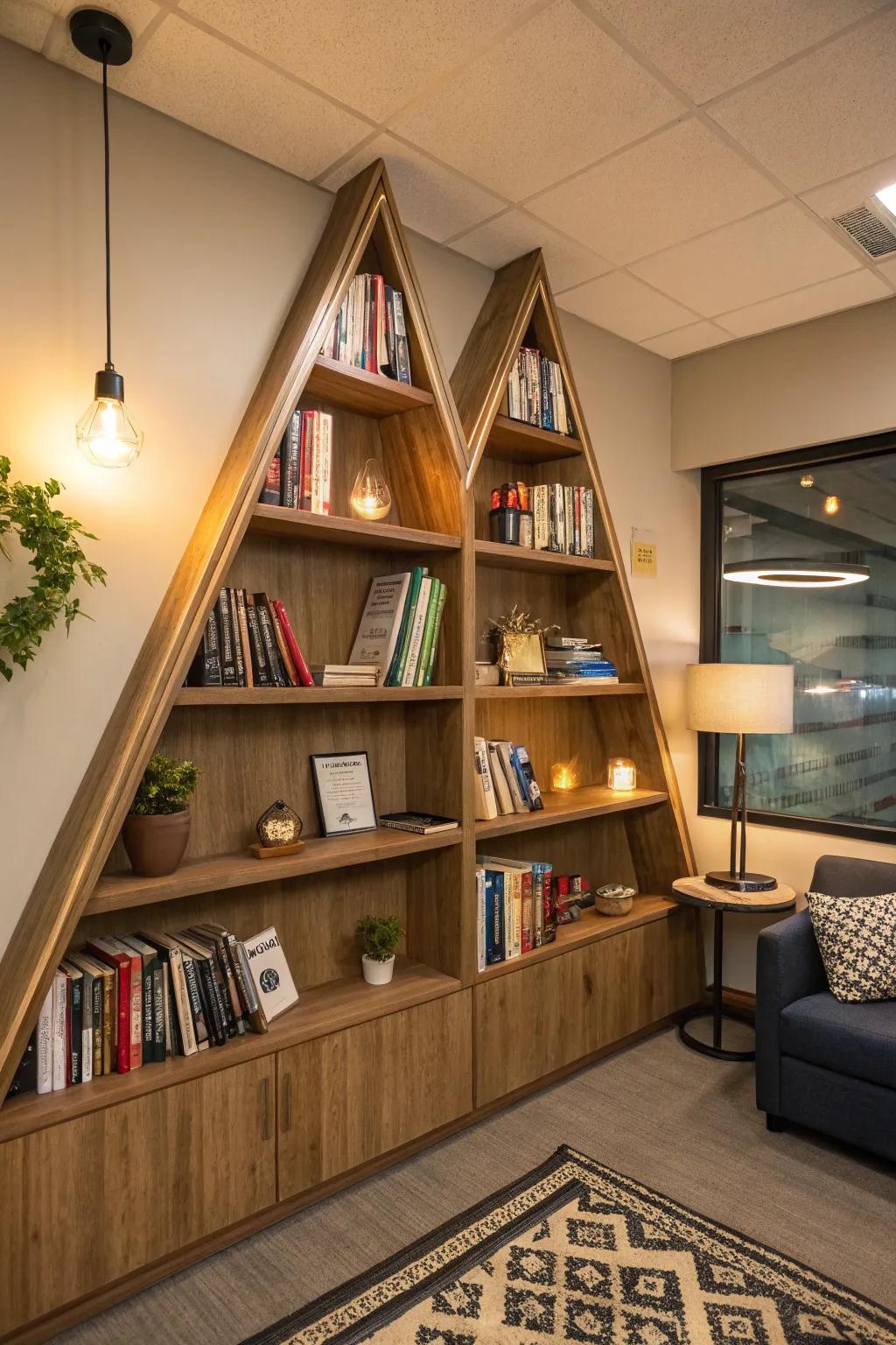 Triangular bookshelves make perfect use of corner spaces for books.