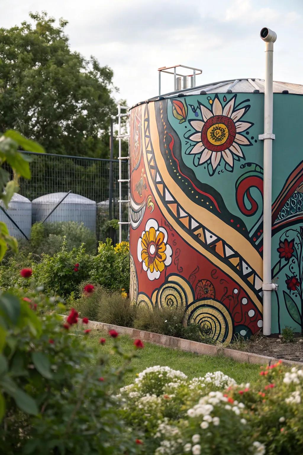 An oil tank transformed into a piece of art with a vibrant abstract design.