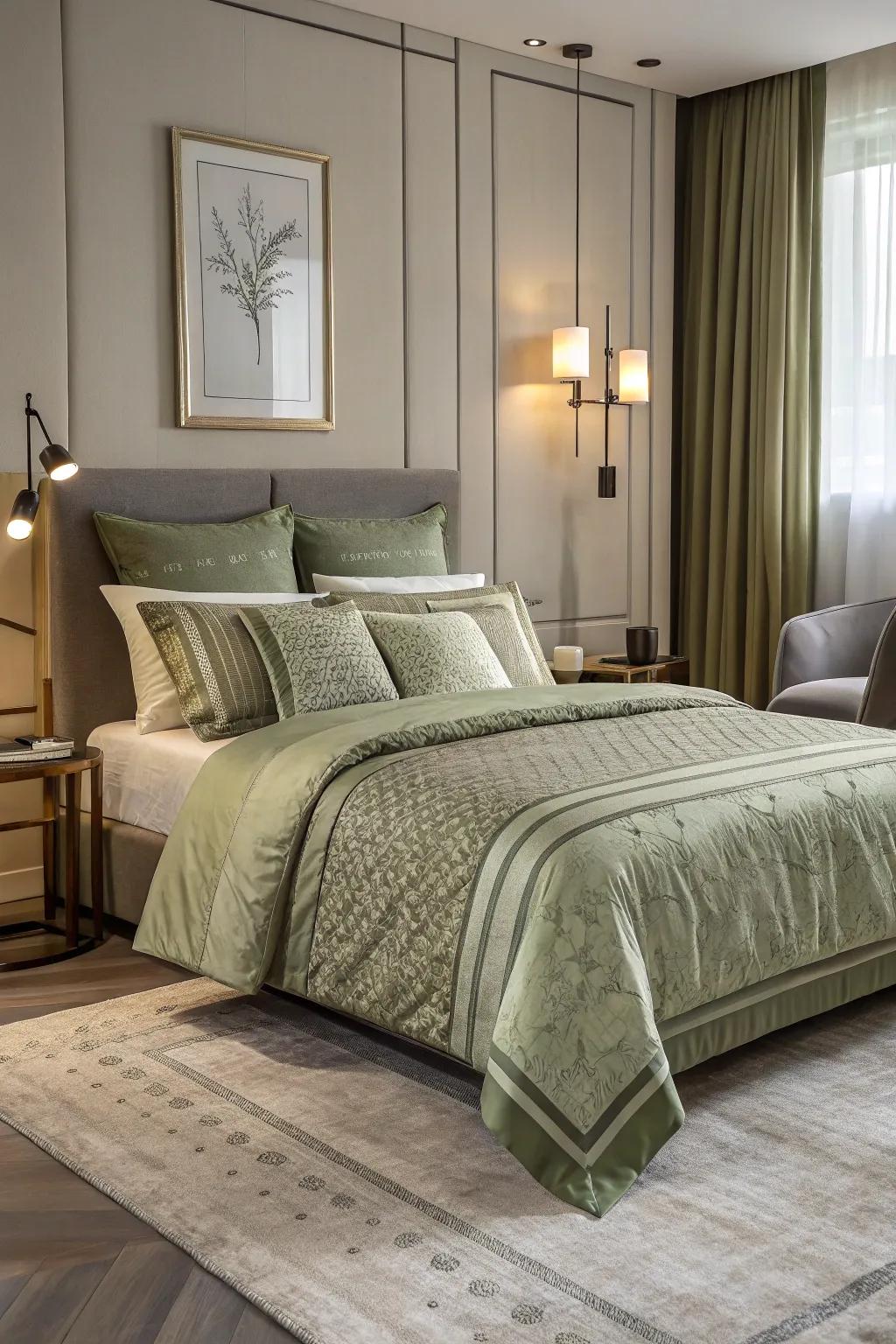 Patterned olive green bedding adds sophistication and charm.