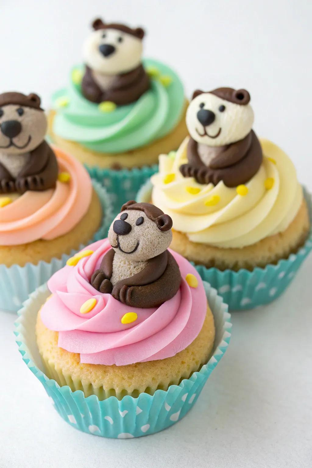 Delight guests with adorable otter-themed cupcakes.