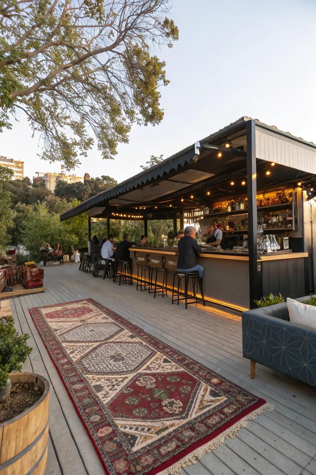 A cozy coffee corner complete with an inviting outdoor rug.