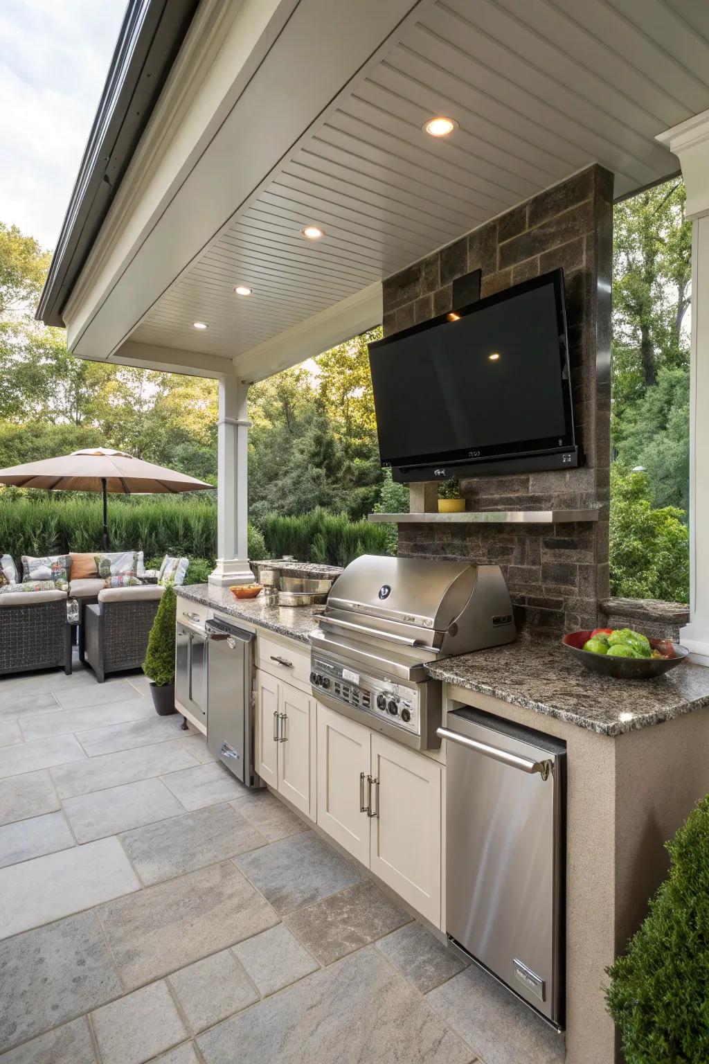 A retractable TV provides flexibility and protection, keeping your outdoor area versatile.