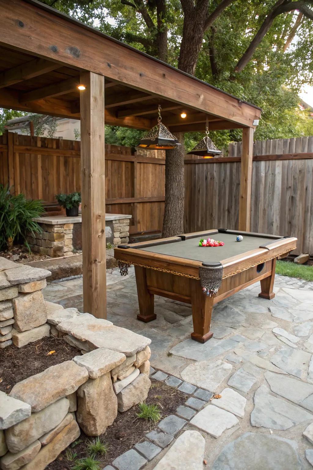 A rustic outdoor billiards table setup featuring wood and stone.