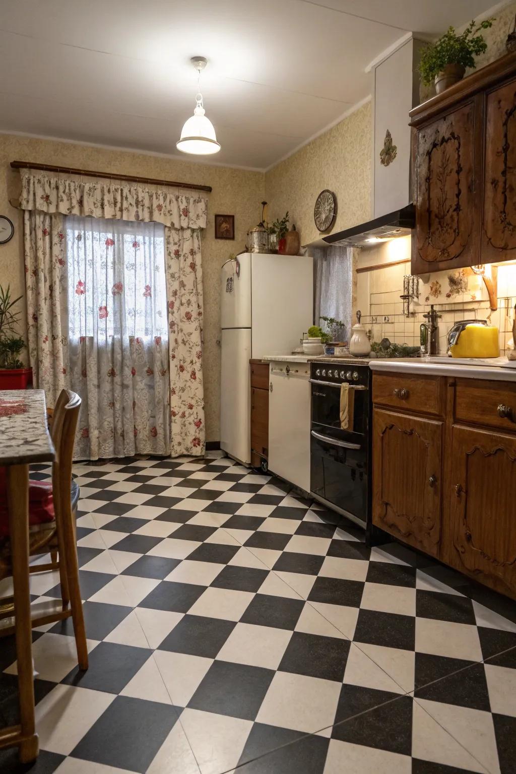 A kitchen enhanced by a classic checkerboard painted floor, exuding tradition and charm.