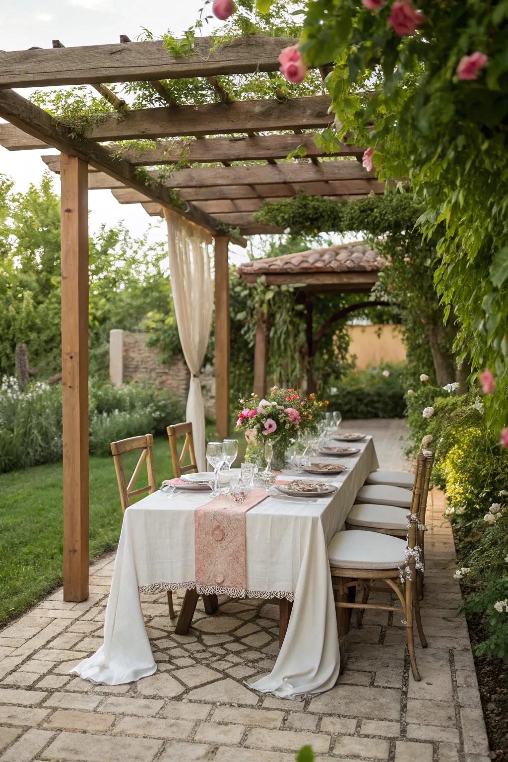 An inviting outdoor dining area under the pergola.