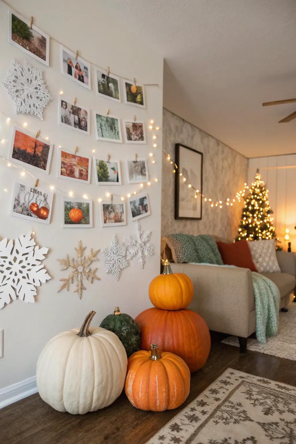 A seasonal photo wall featuring autumn pumpkins and winter snowflakes, keeping decor fresh.