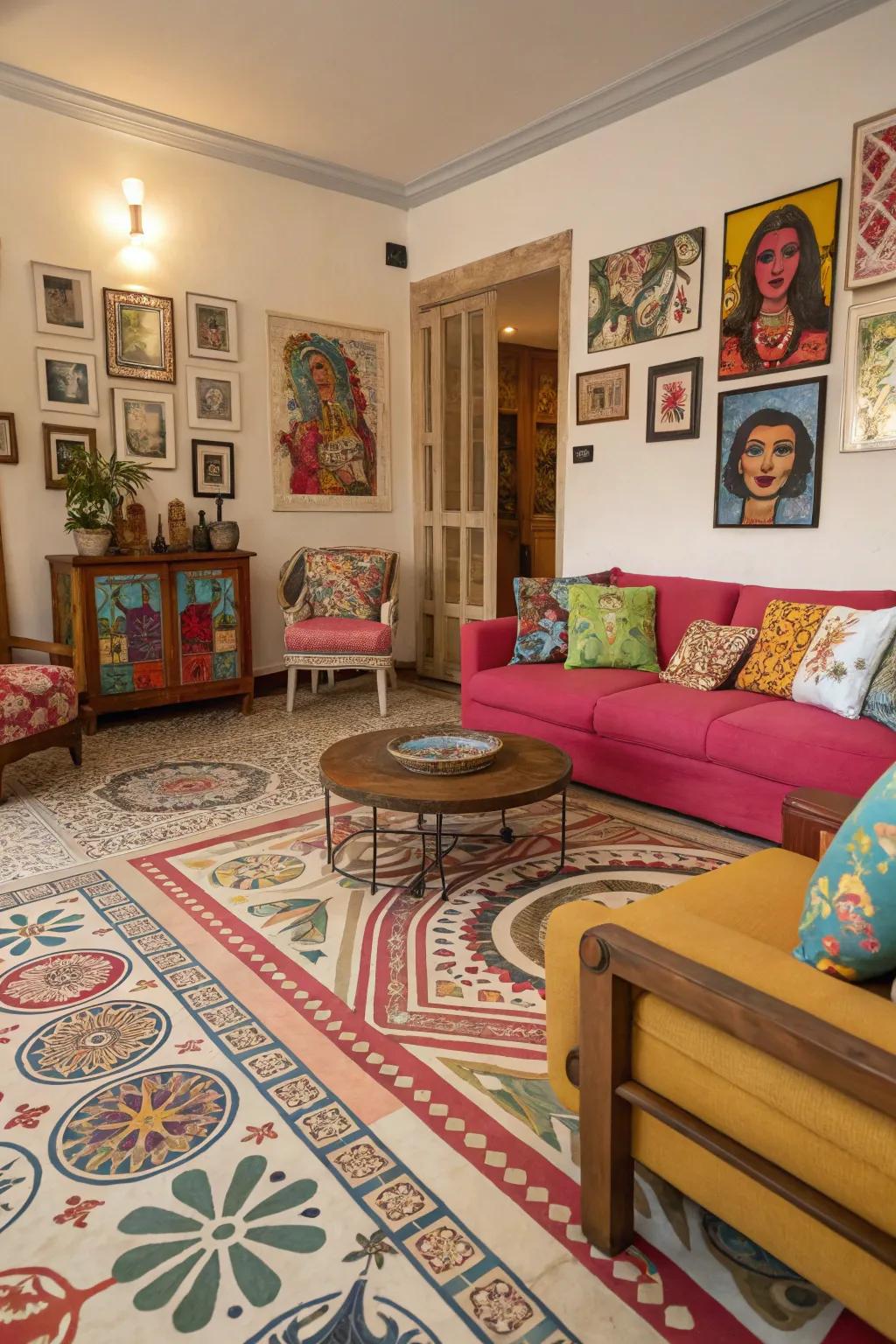 Eclectic patterns create a lively and unique atmosphere.