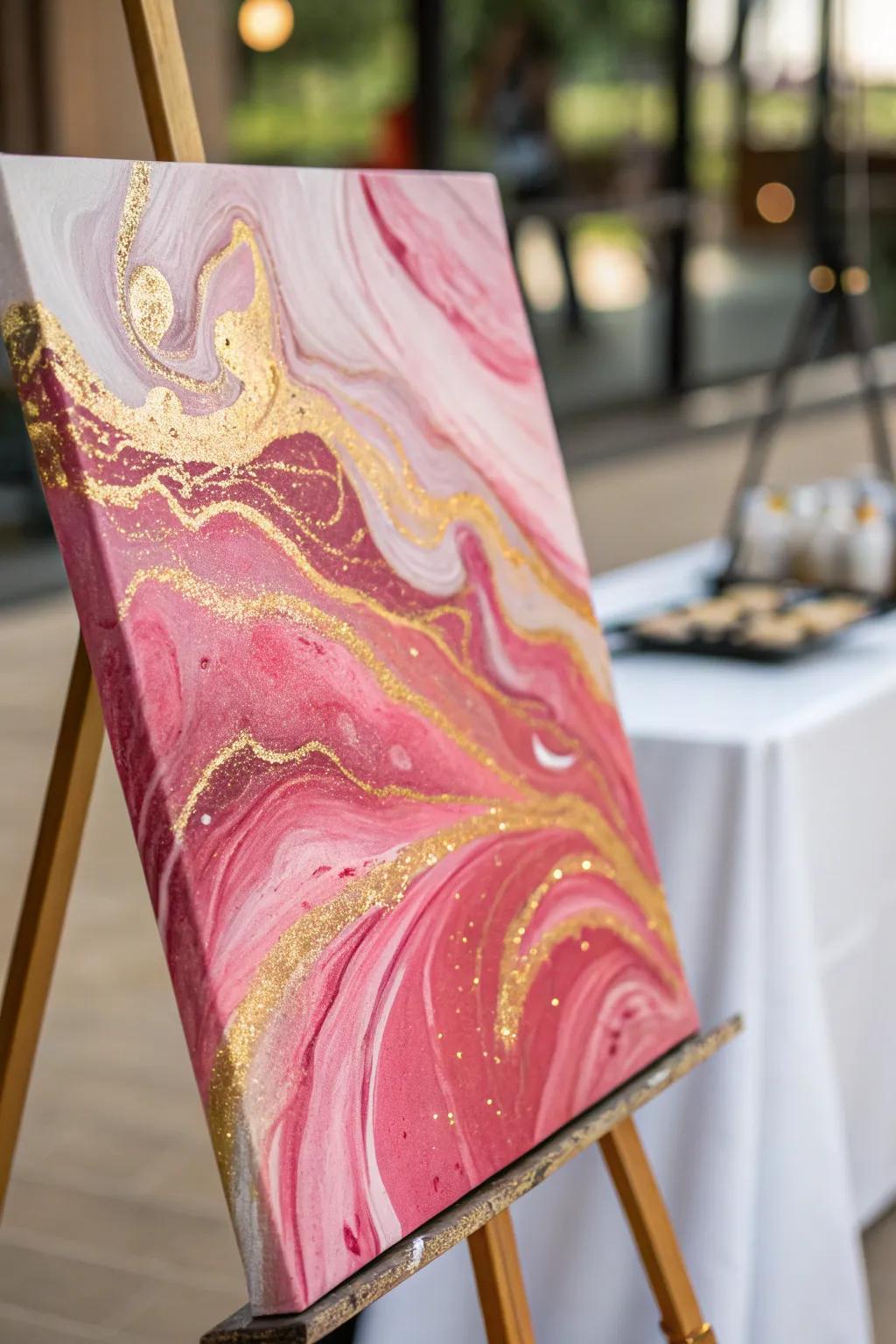 Elegant painting with pink and gold accents.