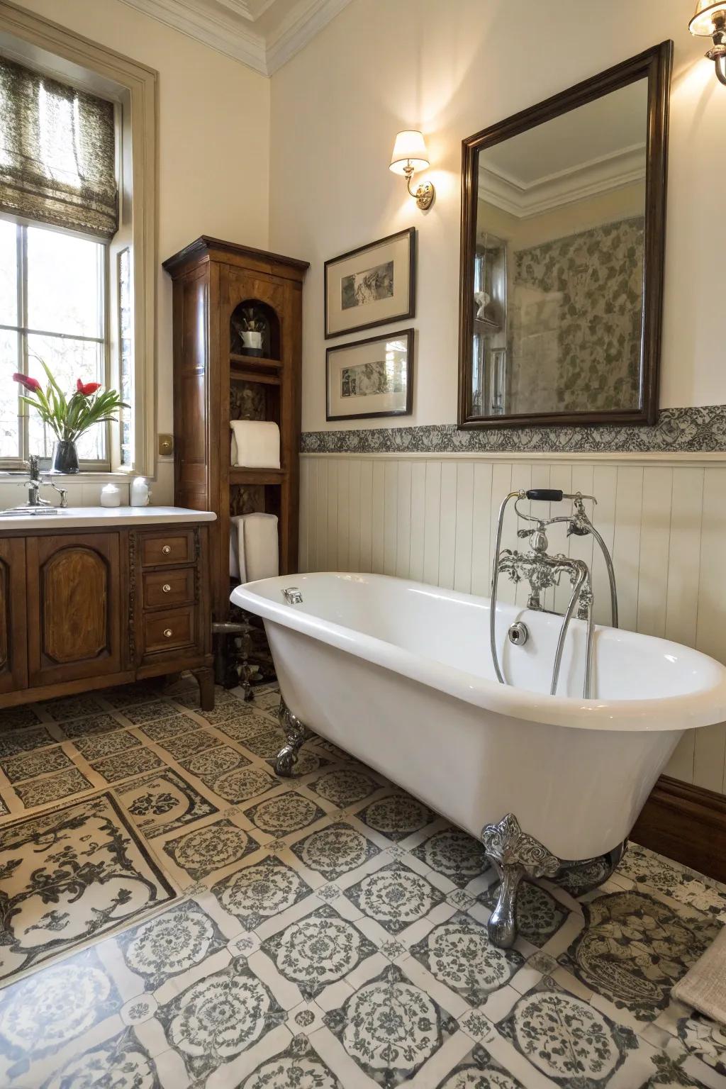 Vintage accents bring charm and character to modern bathrooms.