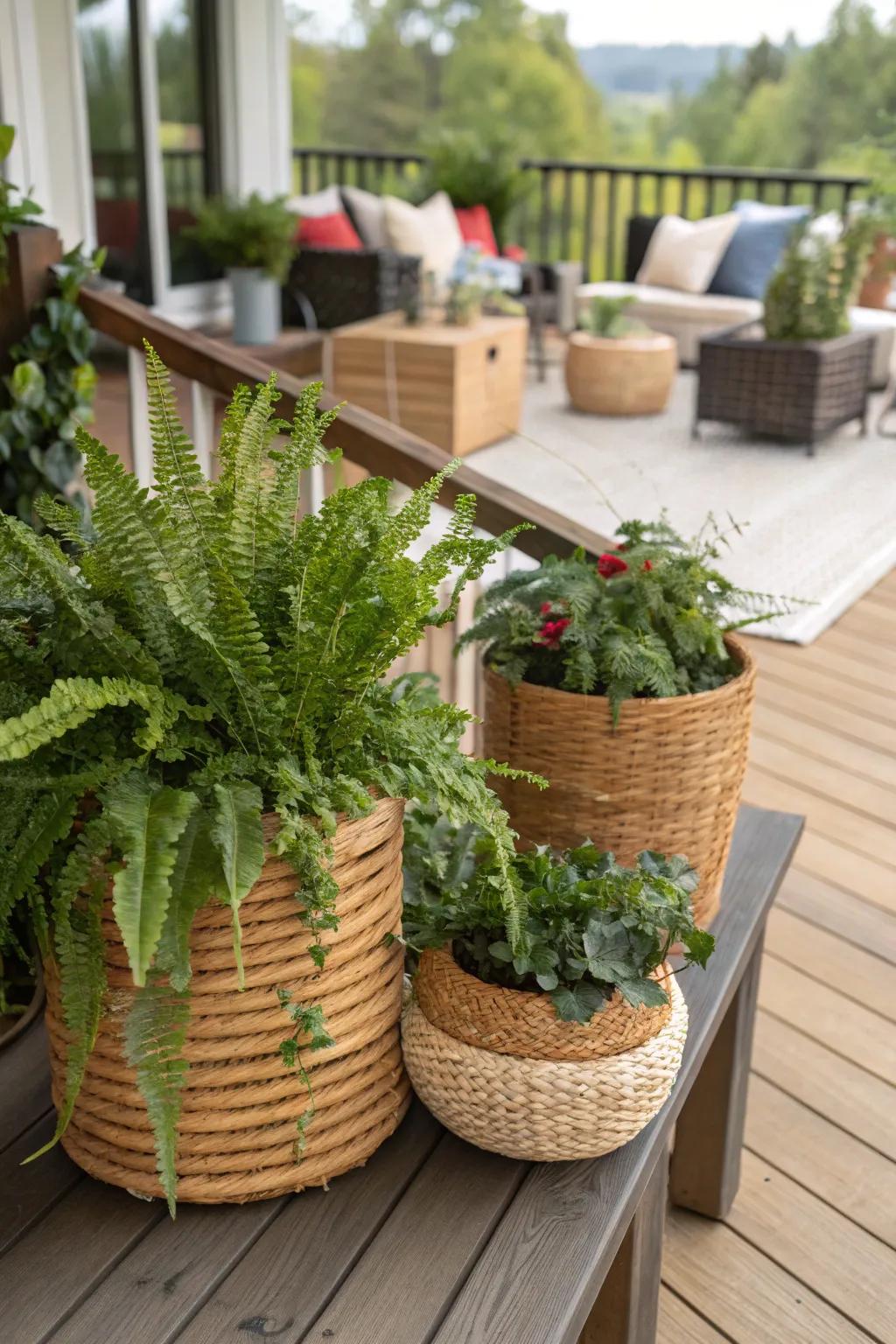 Introduce bohemian flair with woven basket planters.