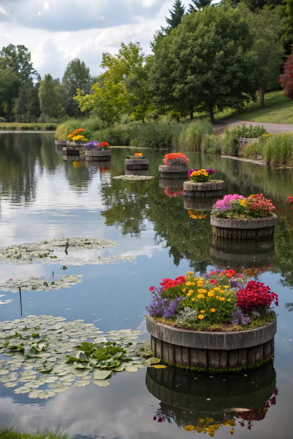 Floating planters adding a unique touch to a beautiful pond.